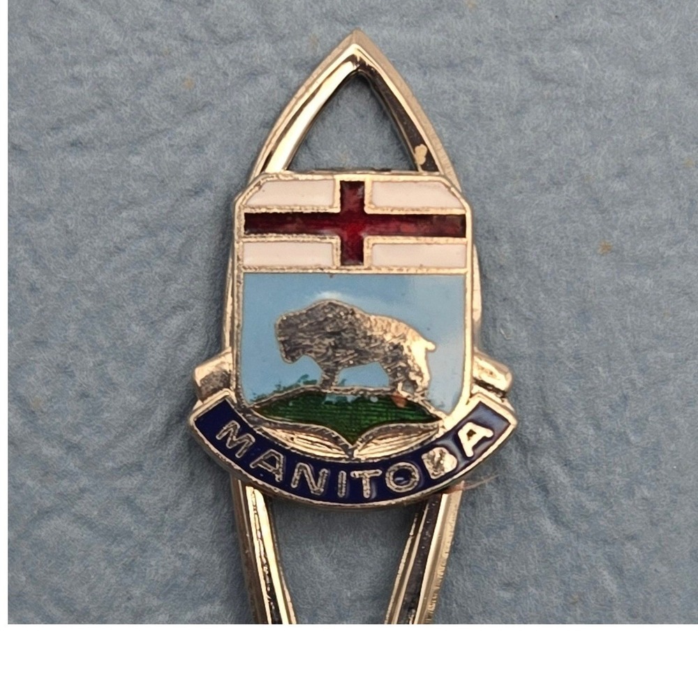 BMCo Manitoba Enamel Crest Souvenir Spoon Vintage Canadian Nickel Silver